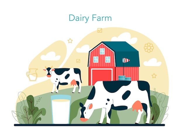 Dairy farm. Milkmaid milking a cow. Milk, cheese, butter making. Dairy natural products for breakfast. Healthy organic food. Flat vector illustration