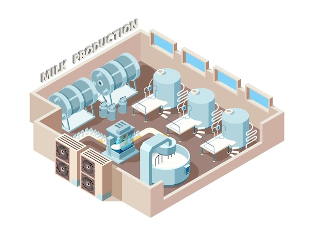 Vector dairy food factory. automation industrial milk production bottling equip lines  isometric factory interior.