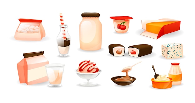 Dairy natural nutrition products set cartoon vector