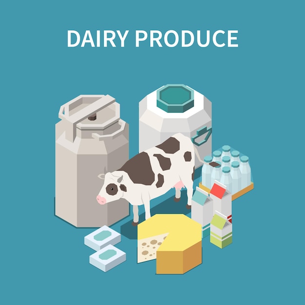 Dairy produce concept with cheese and milk symbols isometric