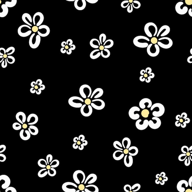 Daisy flower seamless pattern on black background illustration Pretty white floral pattern for print Flat design vector