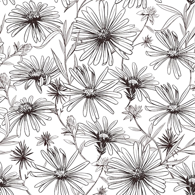 Daisy flower. Seamless pattern. Vector Sketch illustration. Fabric design.