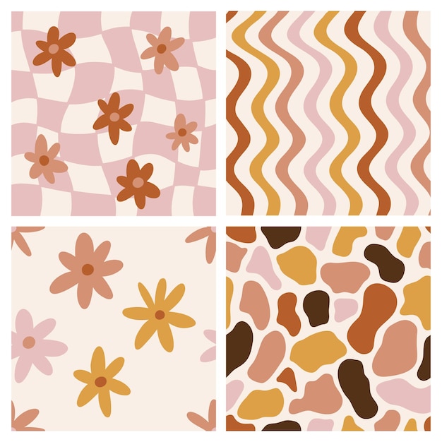 daisy flowers colorful wavy lines pattern set