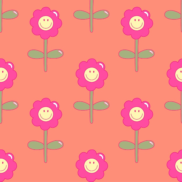 Daisy flowers from 1970 Vector seamless pattern in flat style for groovy background wallpaper fabric