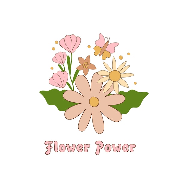 Daisy flowers summer retro 70s element isolated on white Groovy Flower Power text Vector pastel floral bouquet