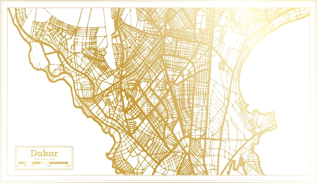 Dakar Senegal City Map in Retro Style in Golden Color Outline Map