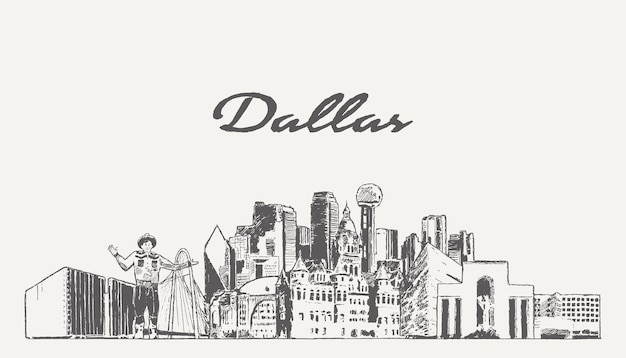 Dallas skyline, Texas, USA, hand drawn vector illustration, sketch