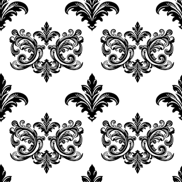 Damask Fabric textile seamless pattern Luxury decorative Ornamental floral divider Black line