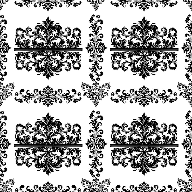 Damask Fabric textile seamless pattern Luxury decorative Ornamental floral divider Black line