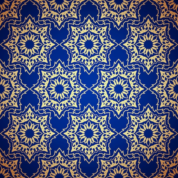 Damask gold and blue seamless pattern filigree oriental luxury ornament