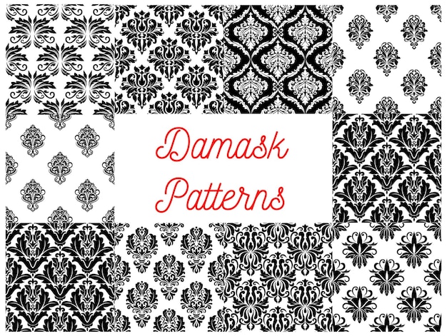 Damask patterns. Vector pattern of ornamental floral elements. Luxurious royal baroque decoration ornaments. Imperial decorative flourish black and white pattern tile backgrounds