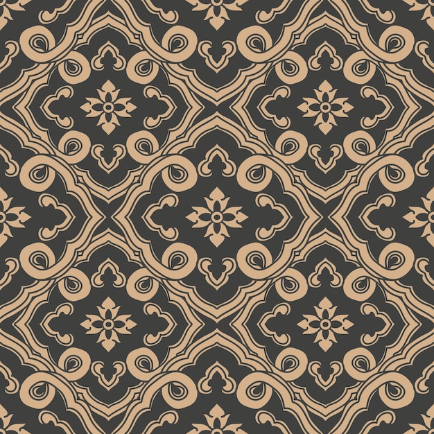 Damask seamless retro pattern background oriental spiral curve cross frame leaf vine flower chain.