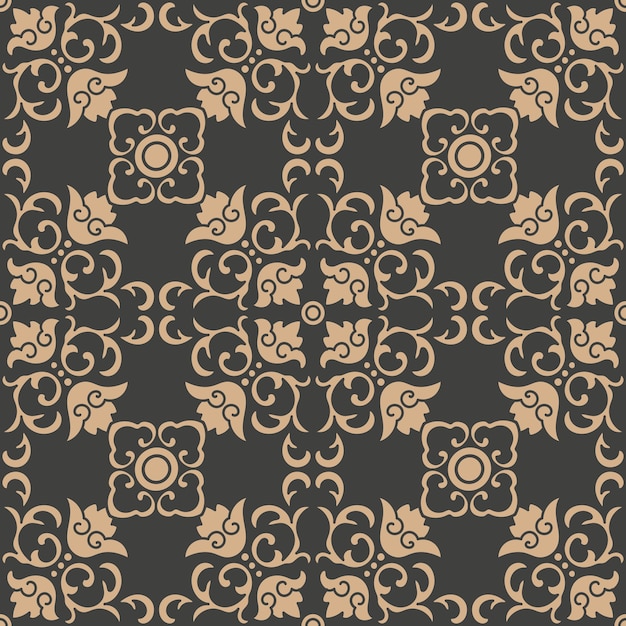 Damask seamless retro pattern background oriental spiral curve cross frame vine leaf flower.