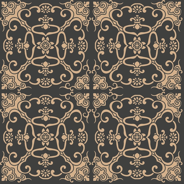 Damask seamless retro pattern background spiral curve cross oriental frame chain leaf vine flower.