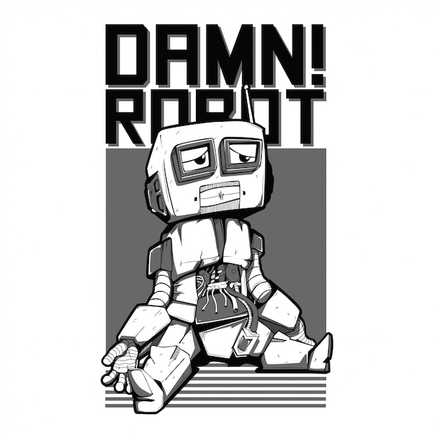 Damn Robot Black and White Illustration