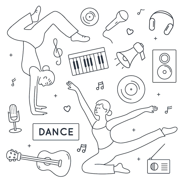 Dance doodle elements set isolated