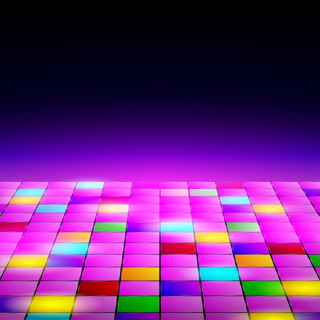 Dance floor amongst open space Night disco party Neon retro dance floor background Vector