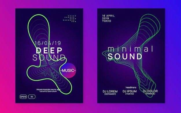 Dance flyer. Dynamic fluid shape and line. Modern concert banner set. Neon dance flyer. Electro trance music. Techno dj party. Electronic sound event. Club fest poster.