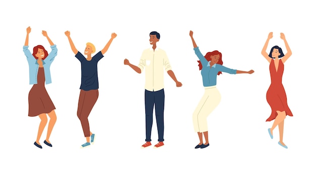 Dance Party Concept. Group Of Fashion People Are Dancing Together. Satisfied Characters In Different Dance Poses. Smiling Young Men and Women Enjoying Dance Party. Cartoon Flat Vector Illustration.