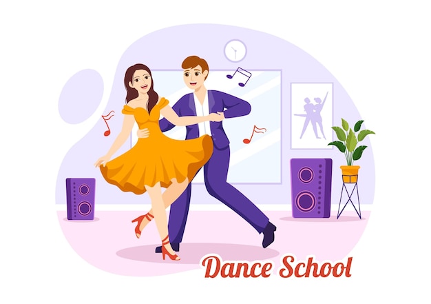 Dance School Illustration of People Dancing or Choreography with Music Equipment in Studio