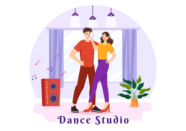 Vector dance studio vector illustration with dancing couples performing accompanied by music