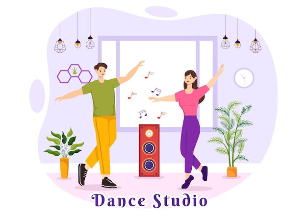 Vector dance studio vector illustration with dancing couples performing accompanied by music