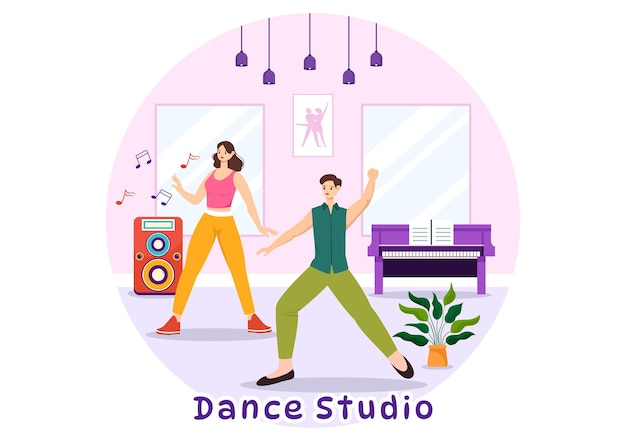 Vector dance studio vector illustration with dancing couples performing accompanied by music