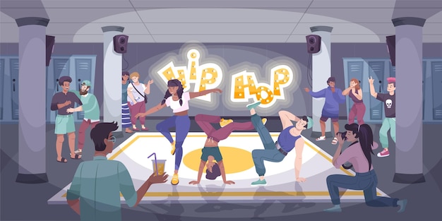 Vector dancer modern flat composition with group of hip hop dancers performing at indoor event with audience illustration