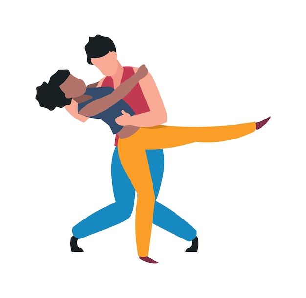 Dancers Cartoon couple dancing tango Hugged man and woman moving to music Choreographic active motions Hobby or leisure pastime Vector young pair resting in musical disco club