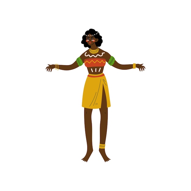 Dancing African Woman Aboriginal Girl Dressed in Bright Traditional Tribal Clothing and Ethnic Jewelry Vector Illustration on White Background