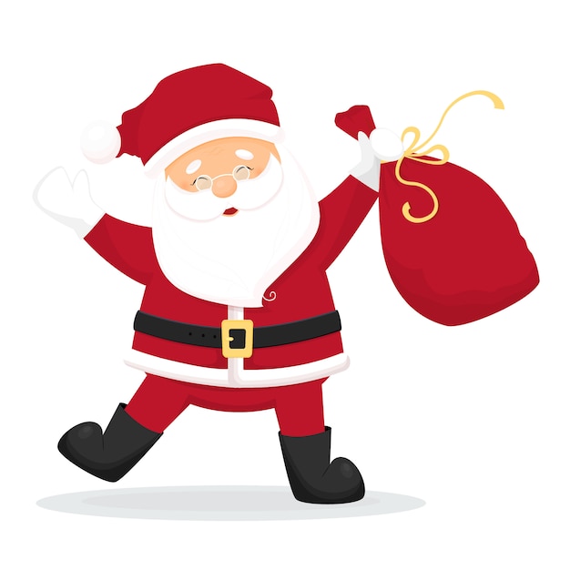 Dancing cartoon Santa Claus with bag with presents. Isolated 