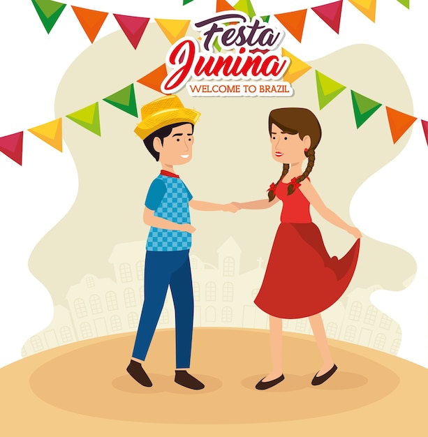 Dancing couple with festa junina sign and colorful banners vector illustration