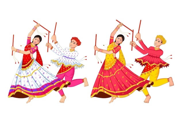 Dancing Dandiya Couple at Navratri, Happy Durga Puja and Dussehra