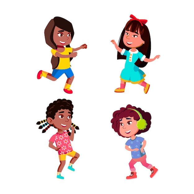 Dancing Girls Kids On Celebrative Party Set Vector