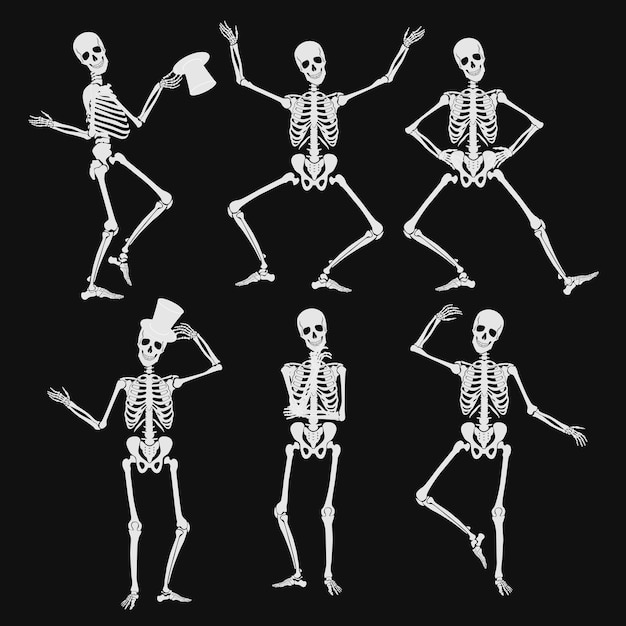 Dancing human skeleton silhouettes set in different poses isolated