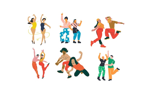 Dancing people set flat vector illustration isolated on white background