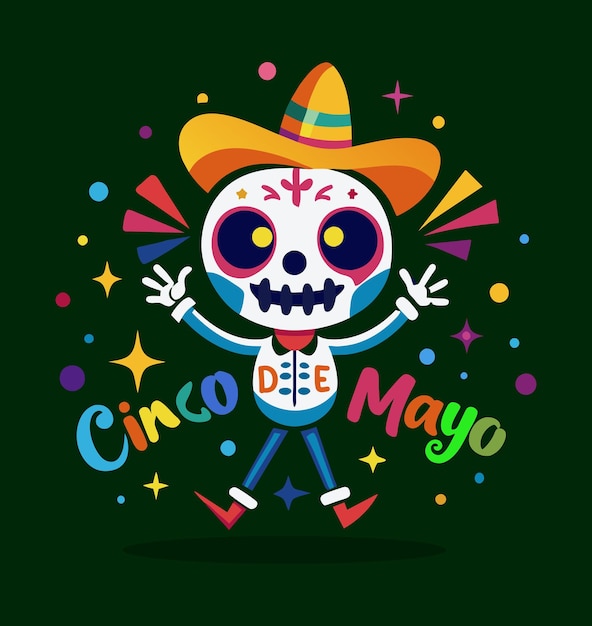 Dancing skeleton Dead day party sugar skull Cinco de mayo vector illustration