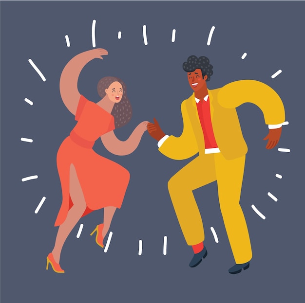 Vector dancing swing couple white woman and black man modern human character