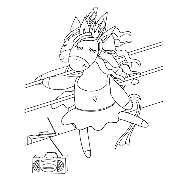 Dancing unicorn princess Cute cartoon unicorn Black and white vector illustration for coloring