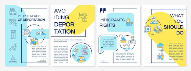 Danger of deportation brochure template. Avoid departure. Flyer, booklet, leaflet print, cover design with linear icons. Vector layouts for presentation, annual reports, advertisement pages