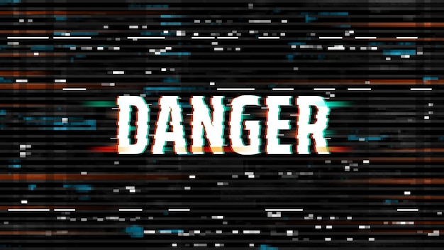 Danger glitch background, hacking or virus screen, vector distorted pixelized noise on black backdrop. Messy distortion on computer desktop or vhs tape glitch effect, hacker attack awareness attention