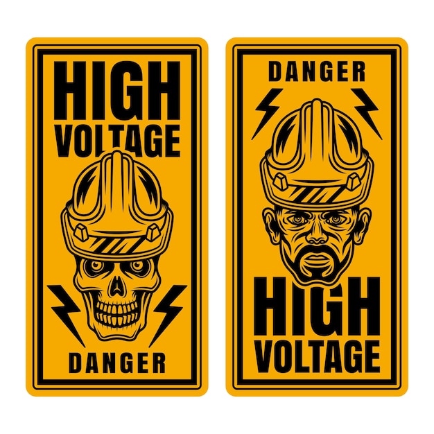 Danger high voltage vector sign banners with skull in hard hat and worker head warning symbol illustration