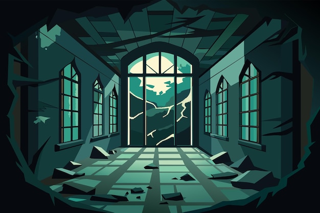 Vector dark abandoned mansion interior with moonlight shining through broken windows