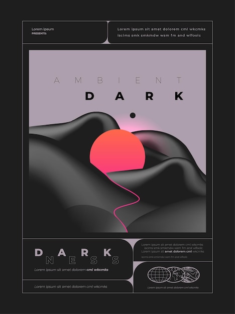 Dark ambient techno rave music flyer or poster design template with abstract black liquid shapes