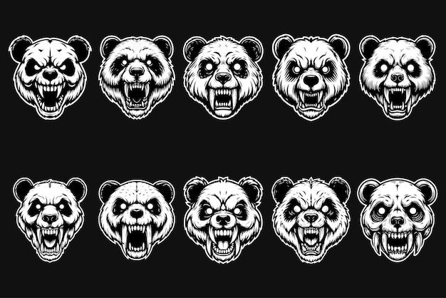 Vector dark art angry beast panda skull head black and white illustration