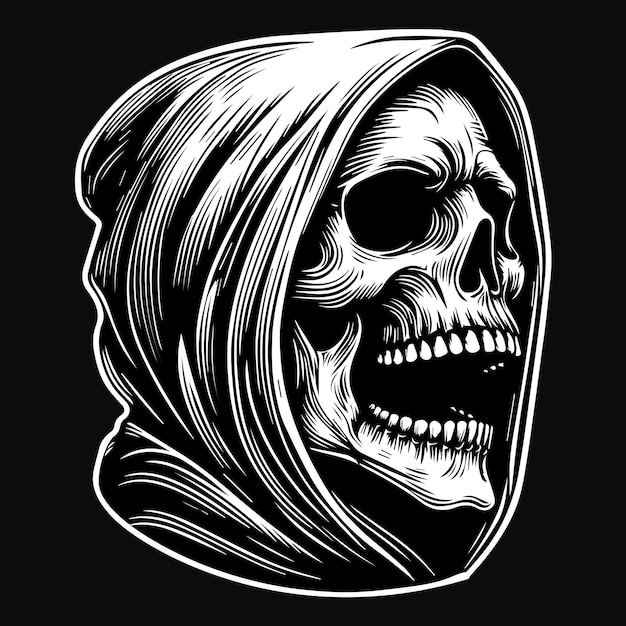 Vector dark art angry skull reaper ghost head black and white illustration