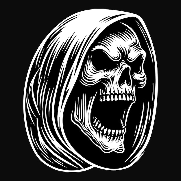 Vector dark art angry skull reaper ghost head black and white illustration