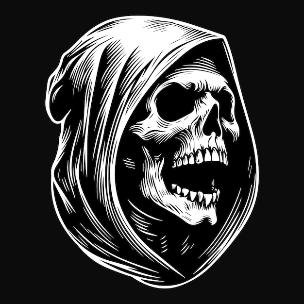 Vector dark art angry skull reaper ghost head black and white illustration