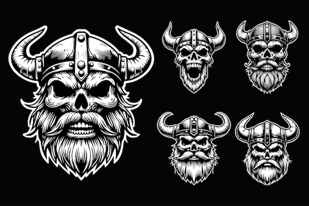 Vector dark art angry viking skull head black and white illustration