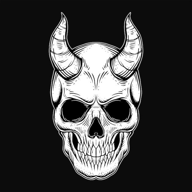 Vector dark art gothic skull demon horn vintage tattoo bones in hand drawing style